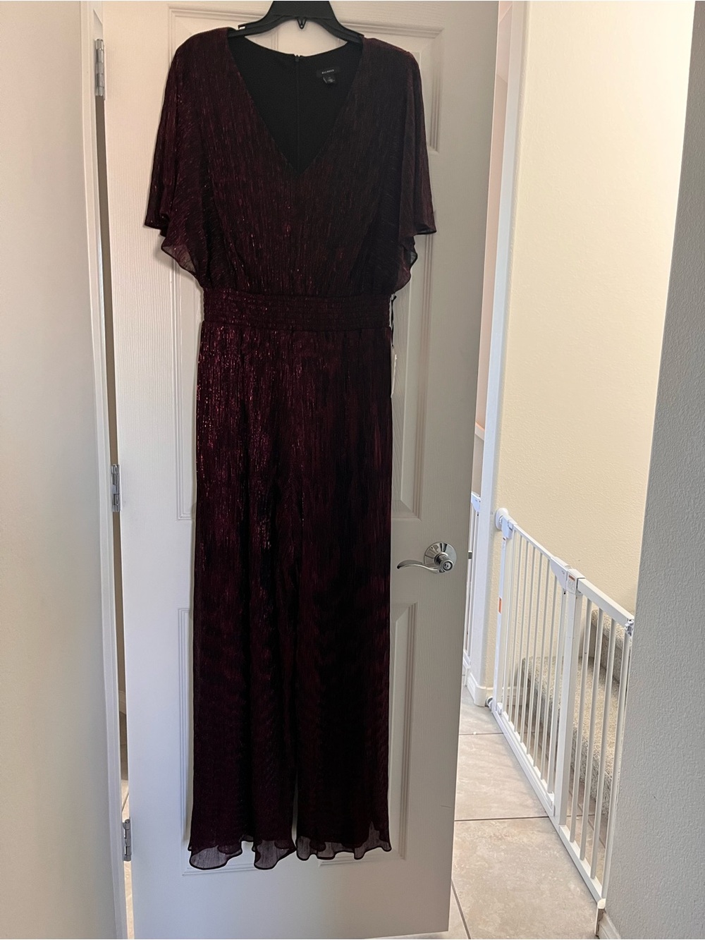 Halogen Elegant Women's Burgundy Sparkle Jumpsuit V-Neck and Flutter Sleeves